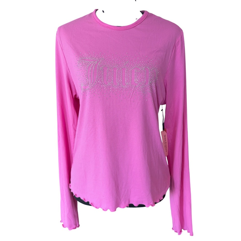 Juicy Couture Pink Femme Rhinestone Logo Ribbed Long Sleeve Sleep Top XL Y2K NWT
